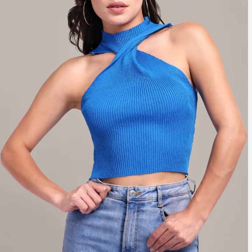 Blue Halter Neck Ribbed Top